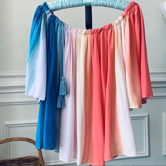 ECRU RAINBOW SILK TUNIC TOP WITH TUSSLES - Picture 3 of 16